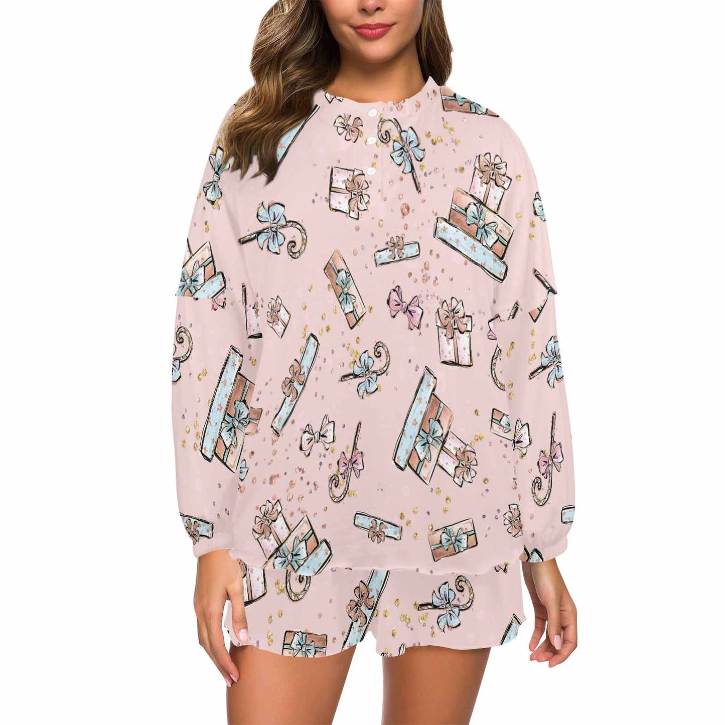 Pink Christmas  Women's Long Sleeve Pajama Set with Shorts