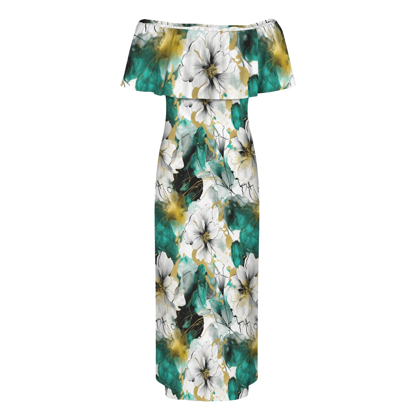 Green and White Ink Floral Women's Off Shoulder Ruffle Boat Neck Dress (Model D71)
