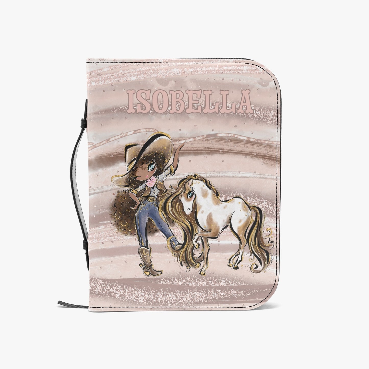 Book/Bible Cover, Howdy, Cowgirl and Horse, Brunette Curly Hair, Blue Eyes