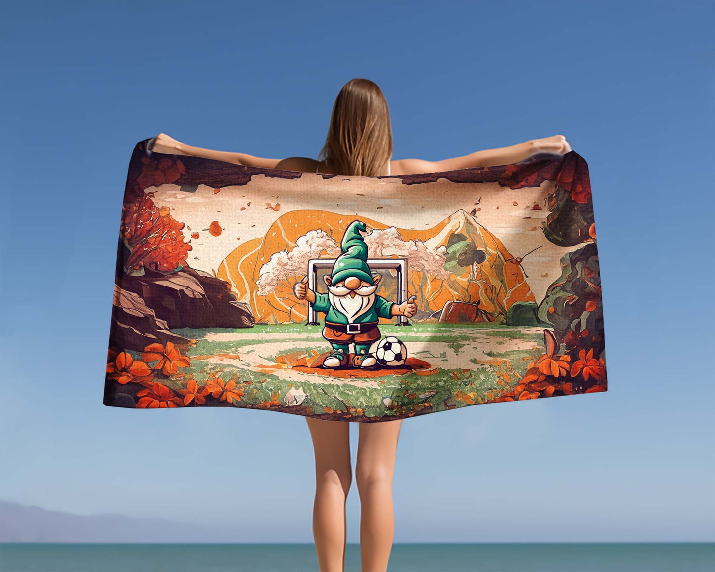 Beach Towel, Retro Gnome Playing Soccer, Polycotton Towel