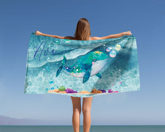 Personalised Beach Towel, Whale, Polycotton Towel