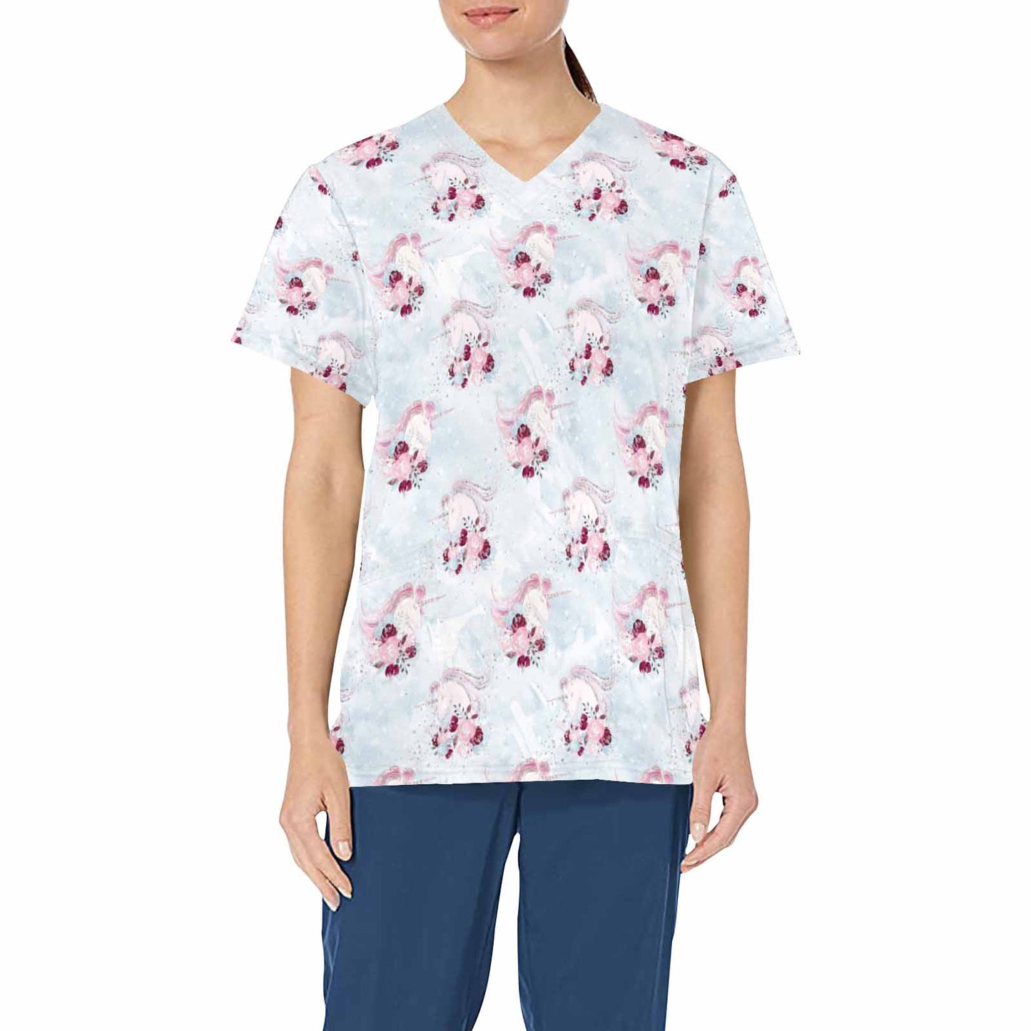 Unicorn Roses  Women's V Neck Scrub Top Nurse Uniform with Deep Front Pockets