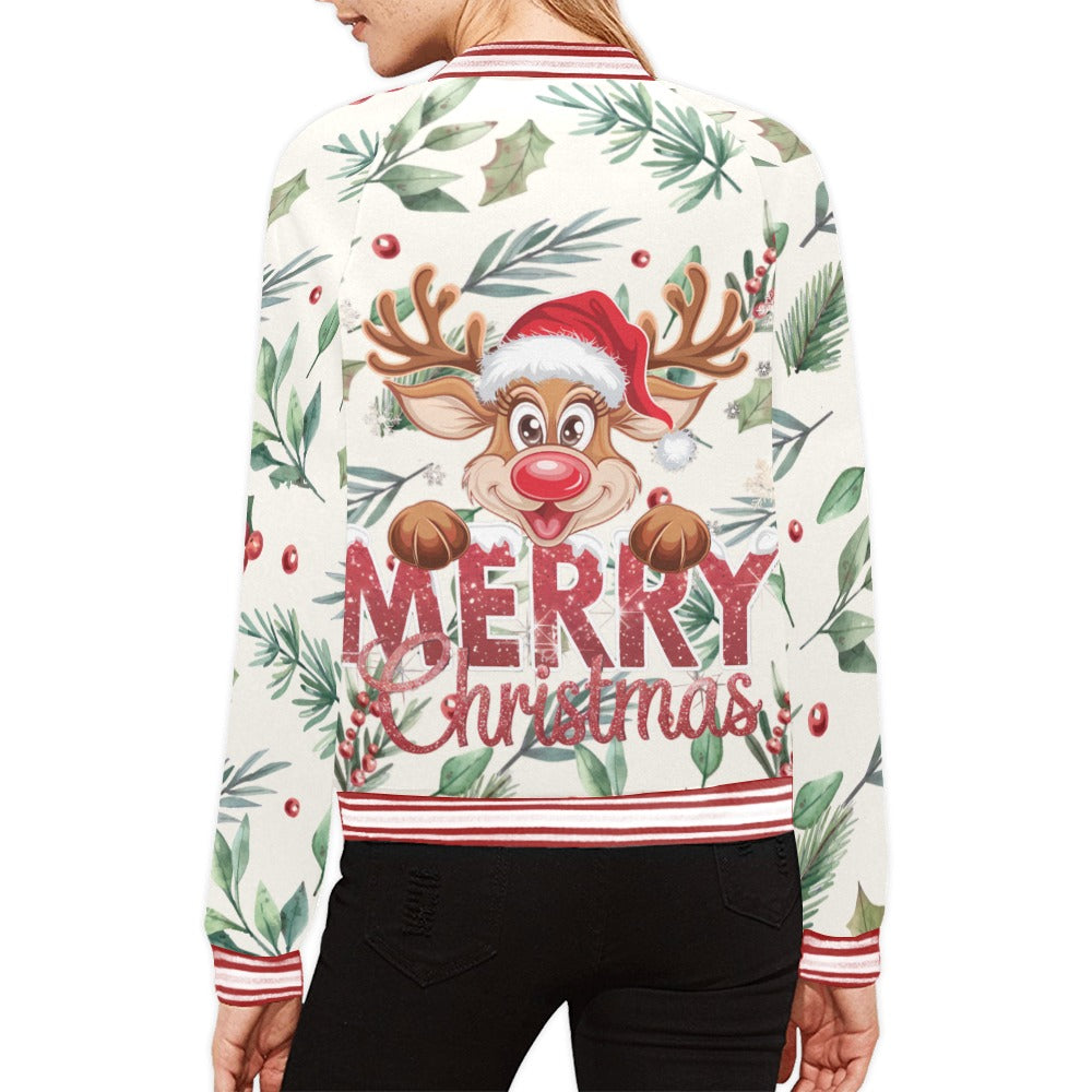 Christmas Poinsettia Pattern Bomber Jacket for Women