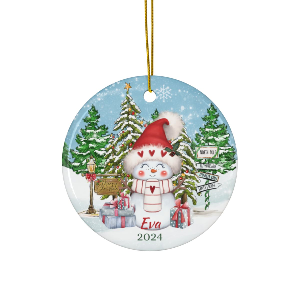 Personalized Snowman Ornament, Custom Ceramic Ornament, Holiday Christmas Decoration, Winter Keepsake Gift, Snowy Scene Ornament