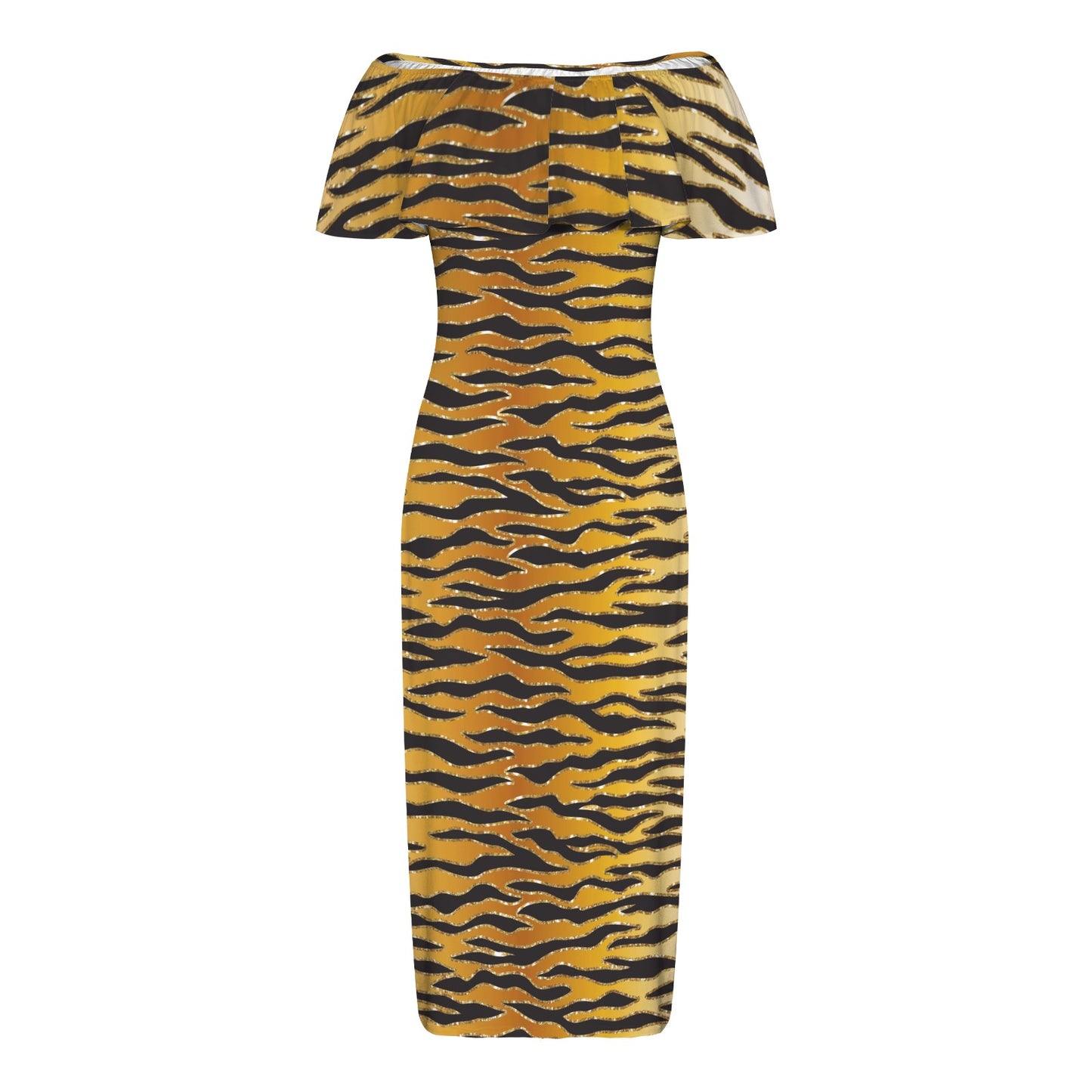 Glitter Look Gold Animal Print Women's Off Shoulder Ruffle Boat Neck Dress (Model D71)