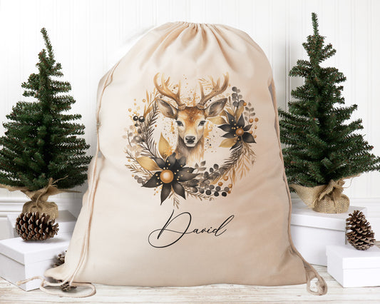 Personalised Santa Sack, Reindeer Wreath, Our Largest Size