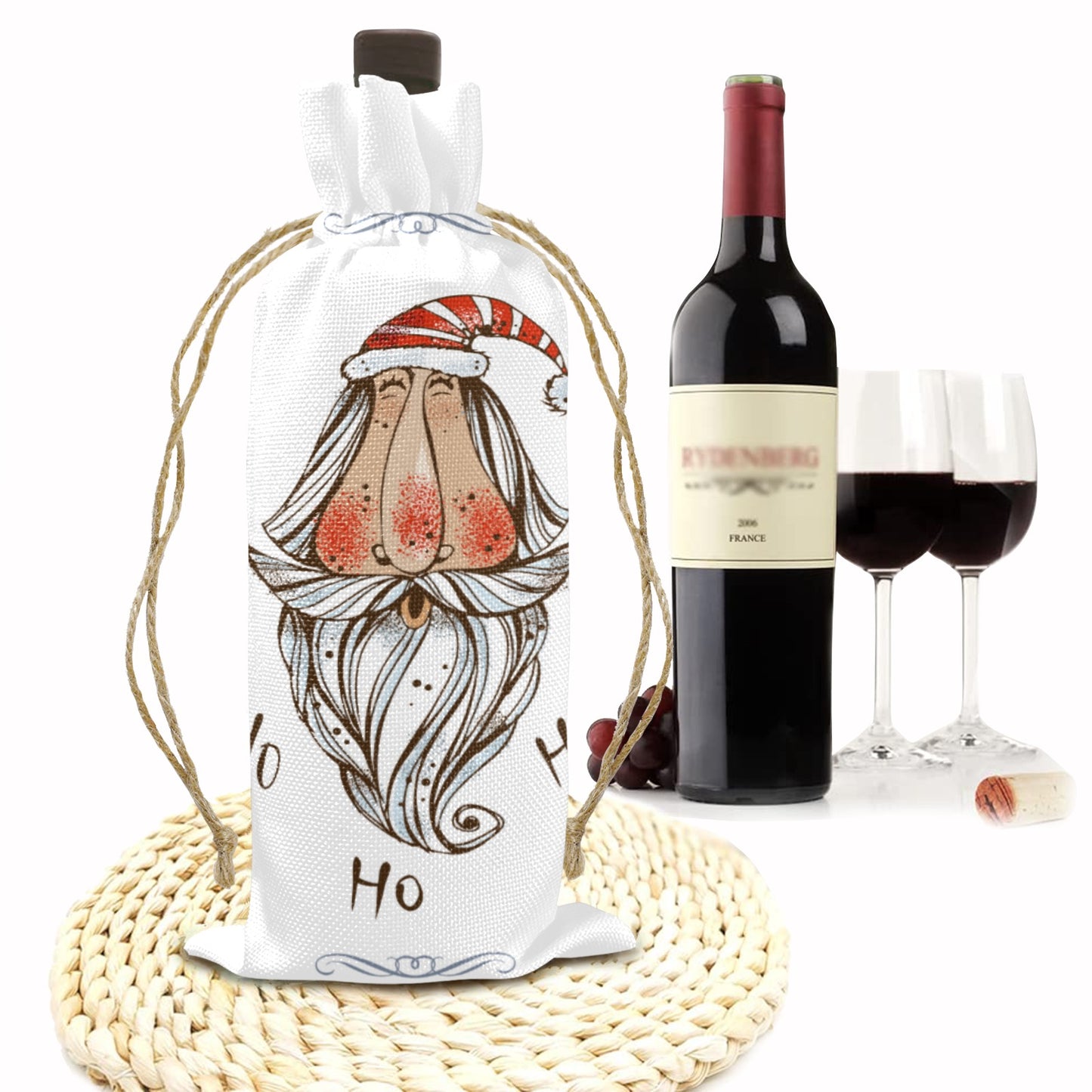 Whimsical Santa Linen Wine Bottle Bag