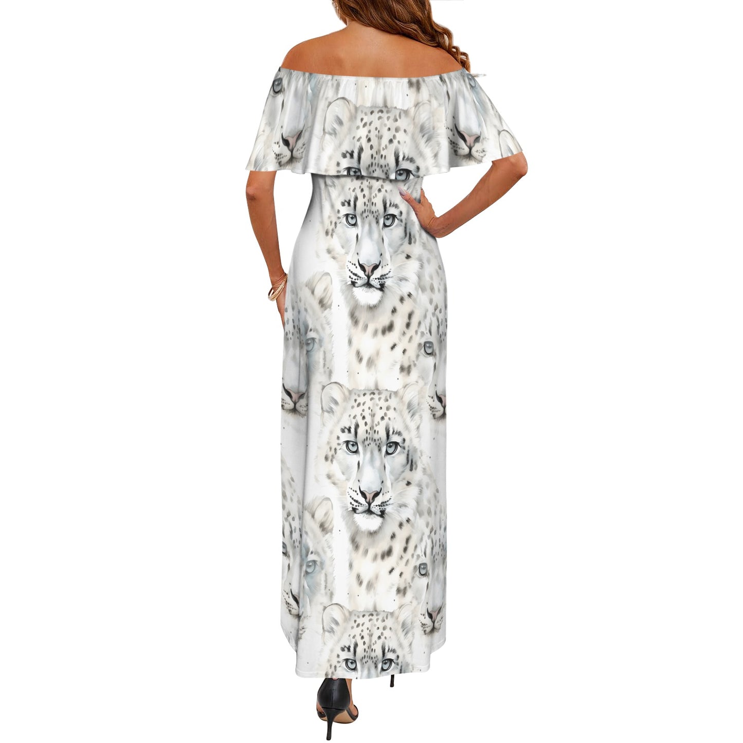 Leopard Women's Off Shoulder Ruffle Boat Neck Dress (Model D71)