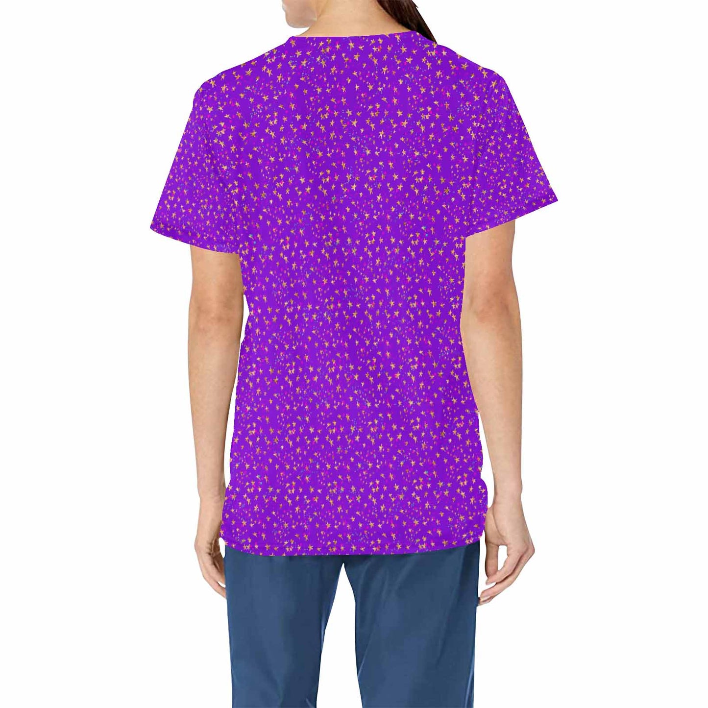 Purple Stars  Women's V Neck Scrub Top Nurse Uniform with Deep Front Pockets