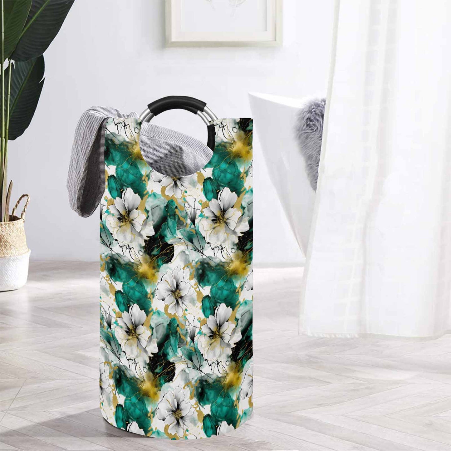 Green and White Ink Floral  Round Laundry Basket