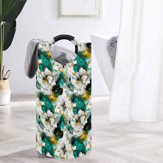 Green and White Ink Floral  Round Laundry Basket
