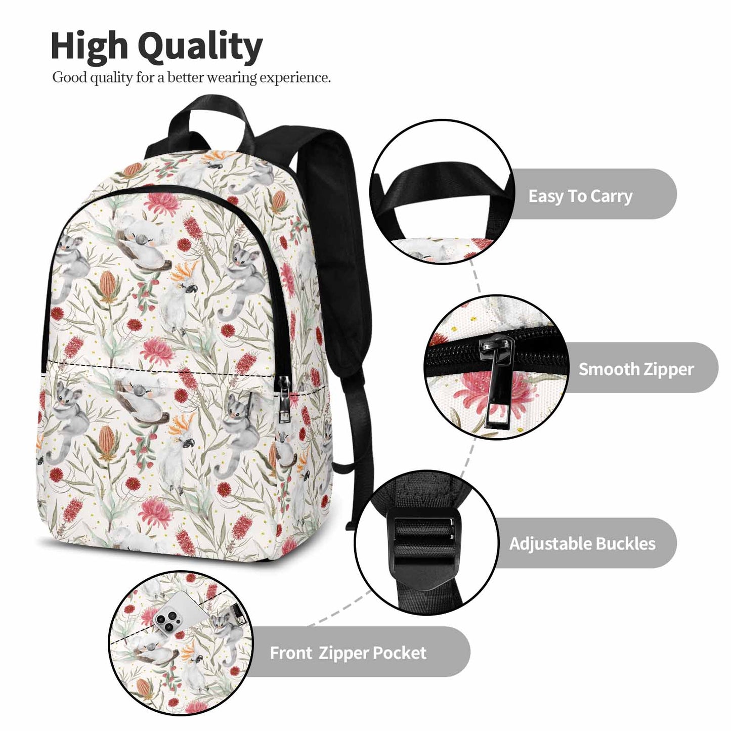 Australian Animals, Koala Cockatoo and Sugar Glider Adult Casual Backpack