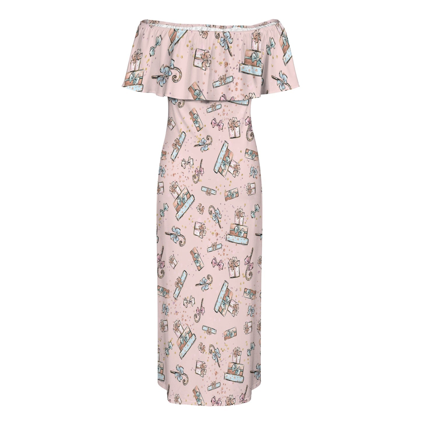 Pink Christmas Women's Off Shoulder Ruffle Boat Neck Dress (Model D71)