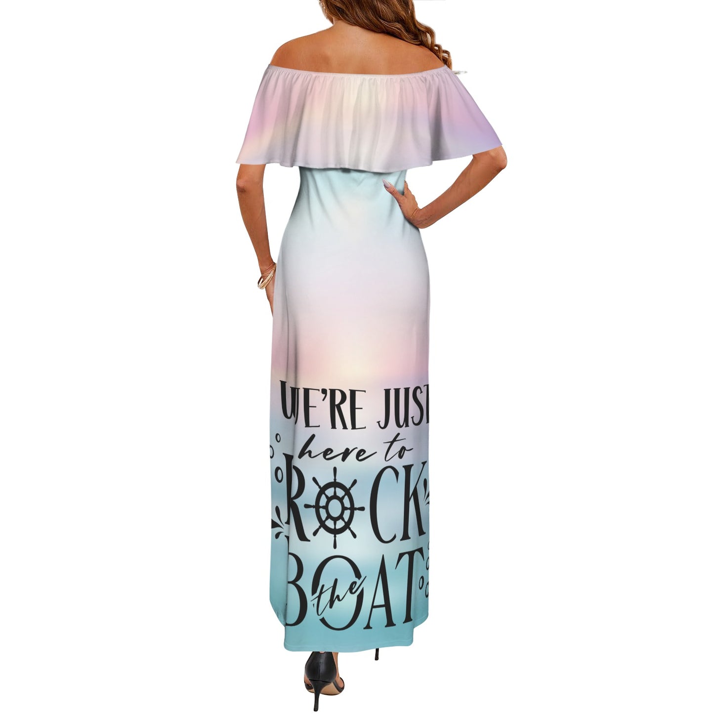 rock the boat Women's Off Shoulder Ruffle Boat Neck Dress (Model D71)