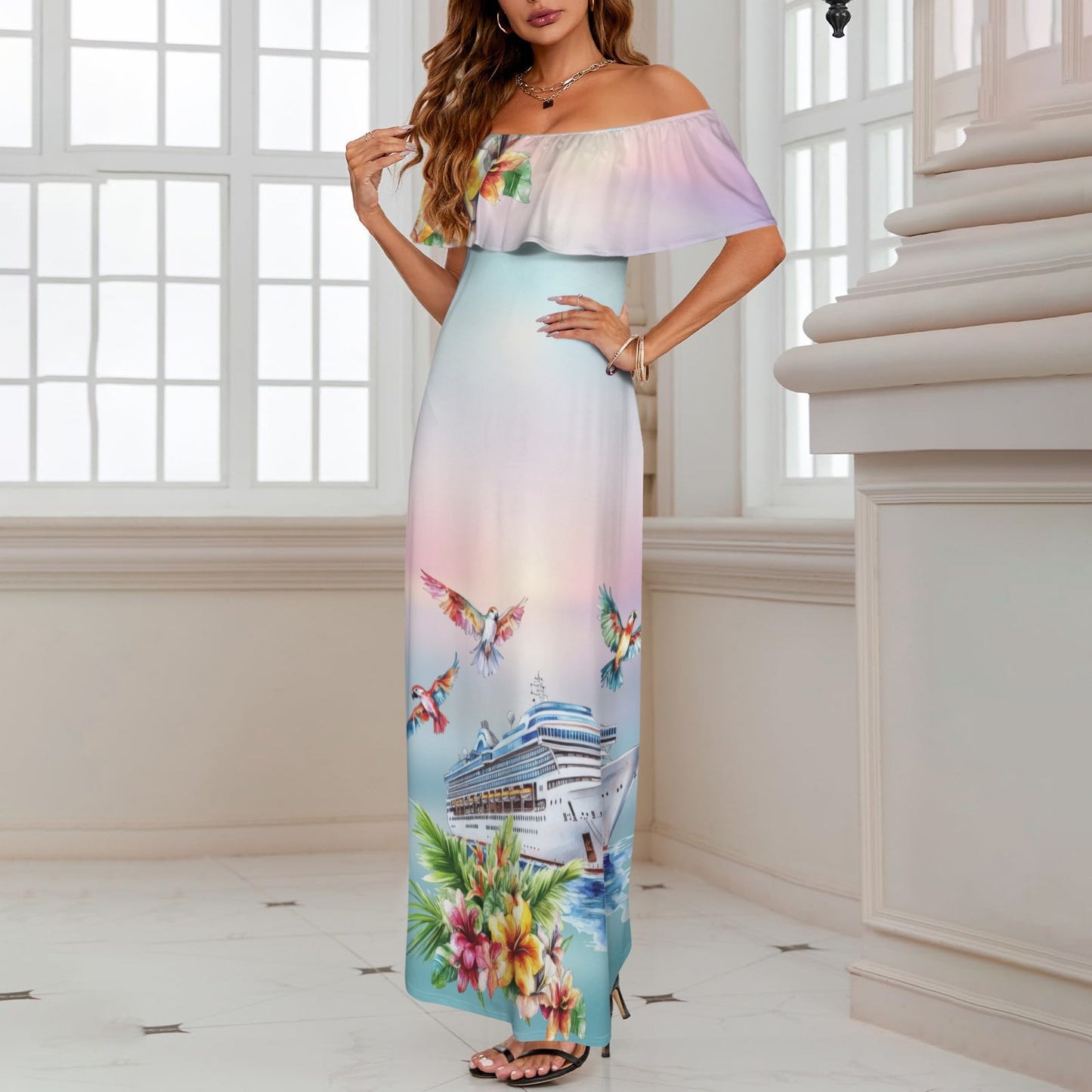 Cruisin Women's Off Shoulder Ruffle Boat Neck Dress (Model D71)