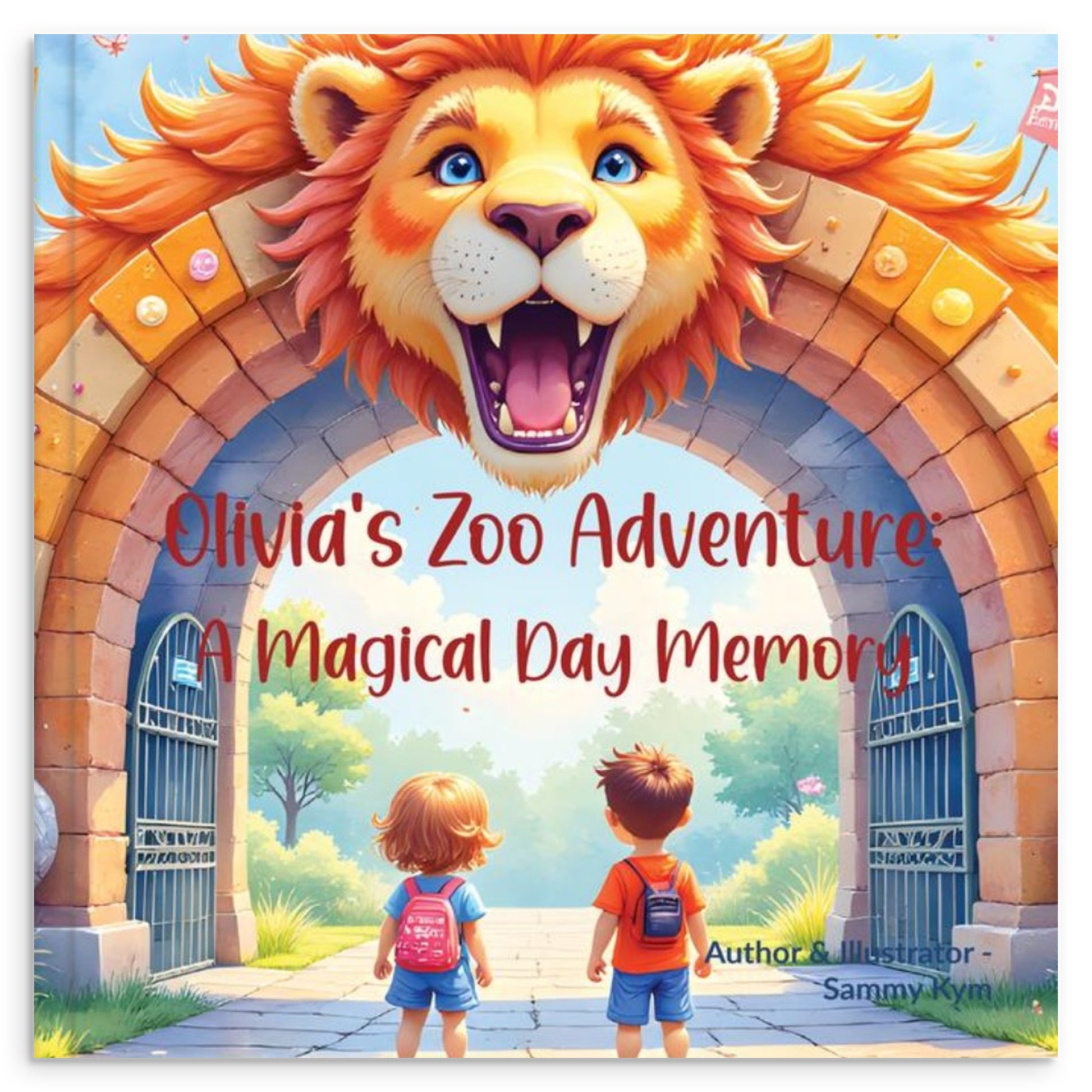 Book cover of 'Olivia's Zoo Adventure: A Magical Day Memory' with a lion head arch and two children.