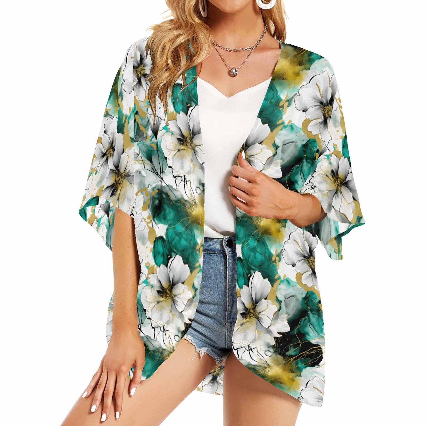 Green and White Ink Floral Women's Kimono Chiffon Cover Up