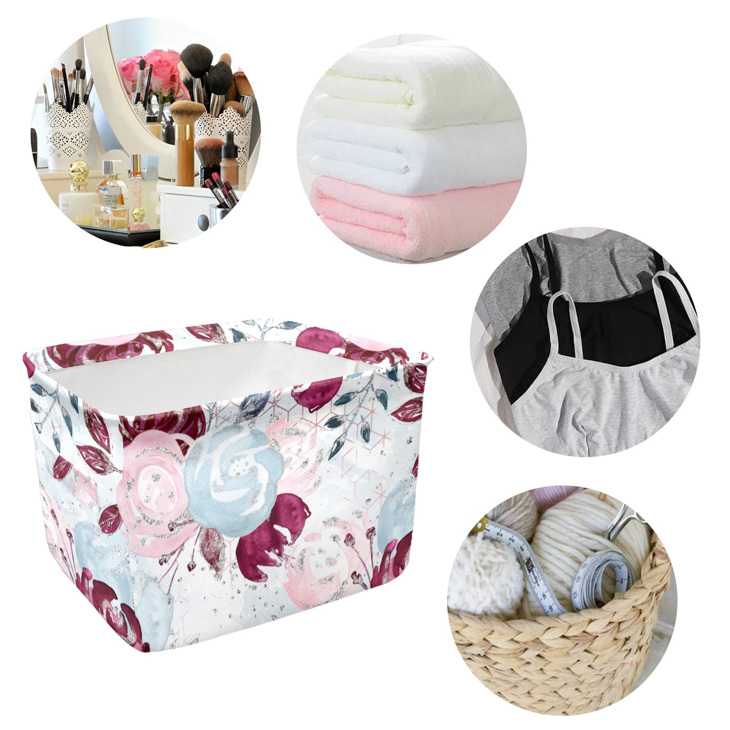 Roses Pink Blue Fabric Storage Basket