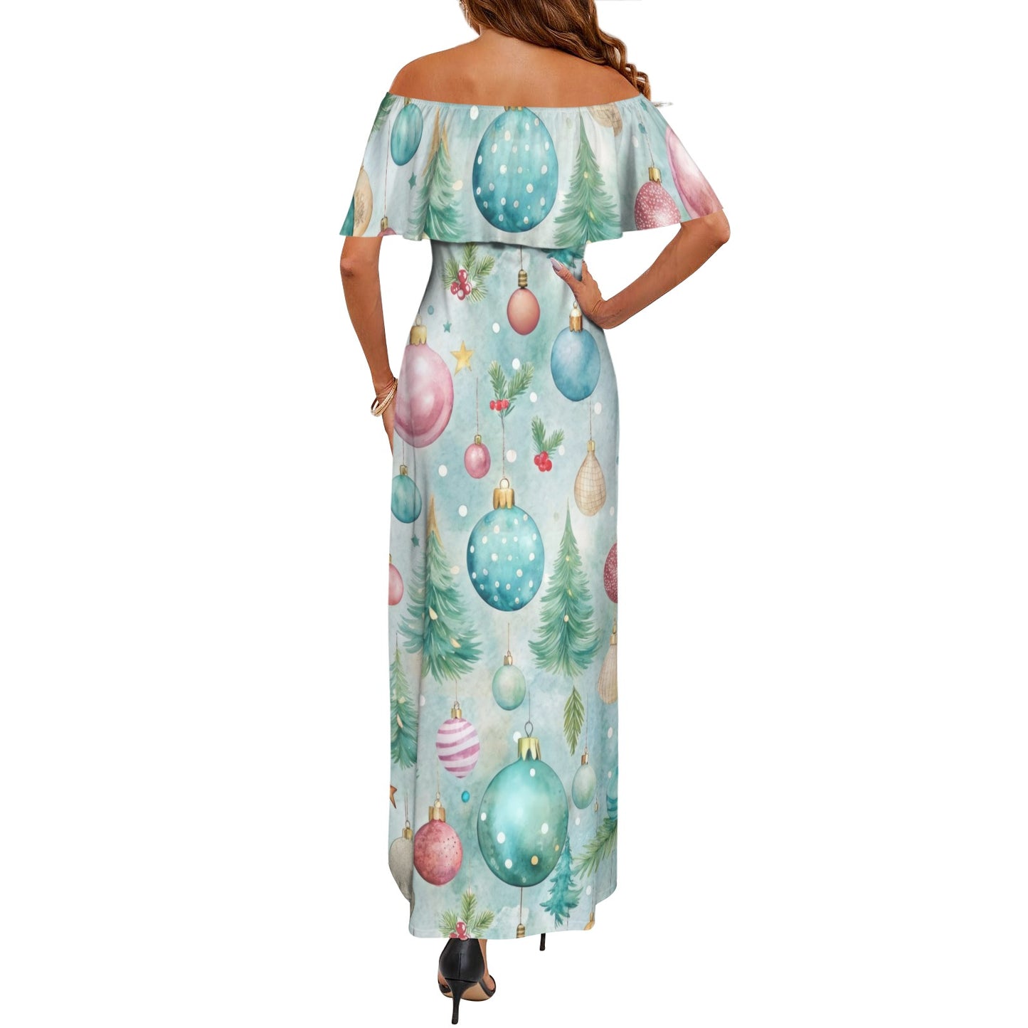 Mint Christmas Women's Off Shoulder Ruffle Boat Neck Dress (Model D71)