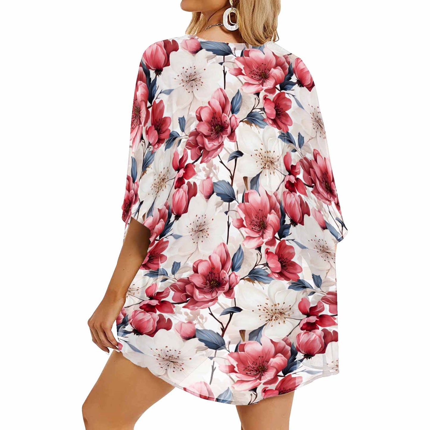 Pink Floral Small  Women's Kimono Chiffon Cover Up