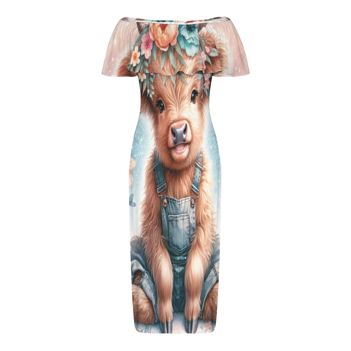 Highland cow awd1159 Women's Off Shoulder Ruffle Boat Neck Dress (Model D71)