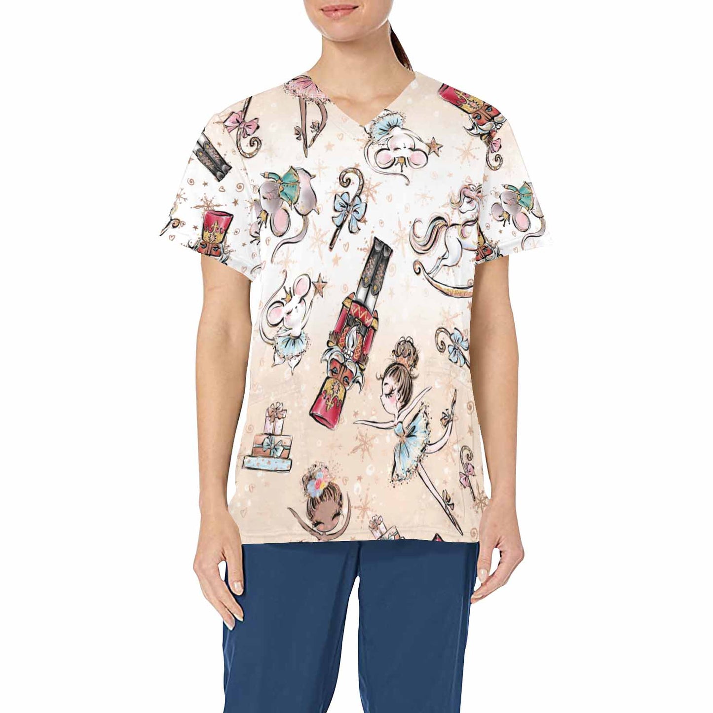 Christmas Nutcracker  Women's V Neck Scrub Top Nurse Uniform with Deep Front Pockets