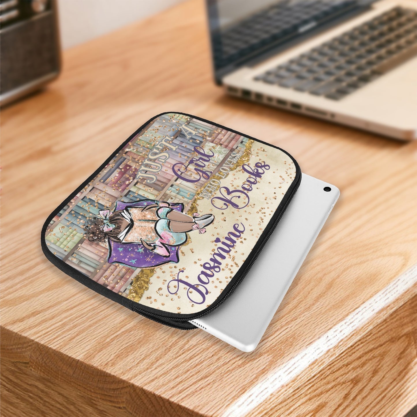 Tablet Sleeve - Just a Girl Who Loves Books, Brunette Hair, Olive Skin