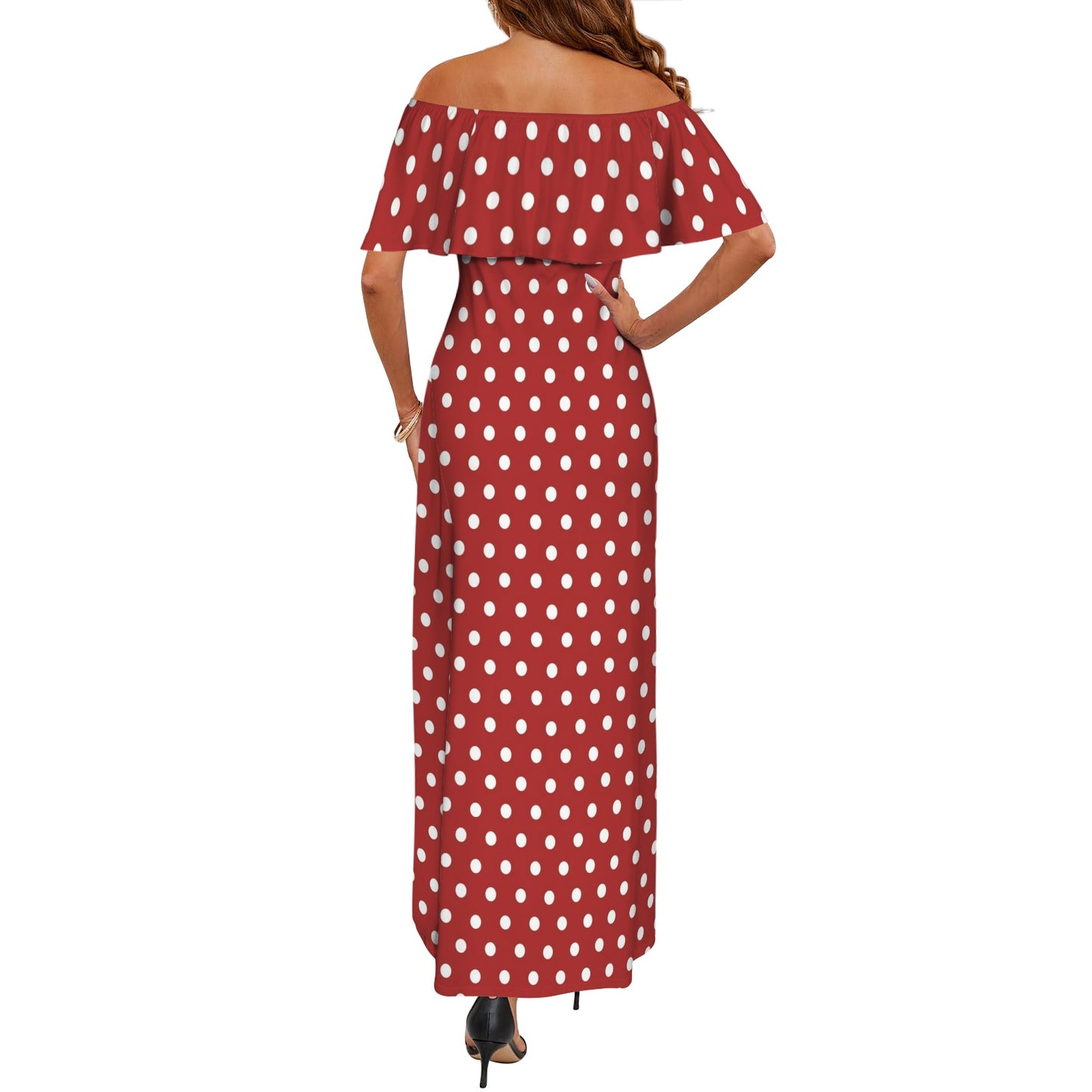 Rockabilly Red White Polka Dots Women's Off Shoulder Ruffle Boat Neck Dress (Model D71)