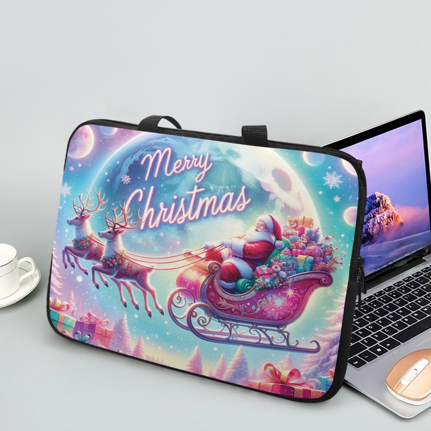 Laptop Sleeve with handles - Christmas, Santa and Sleigh