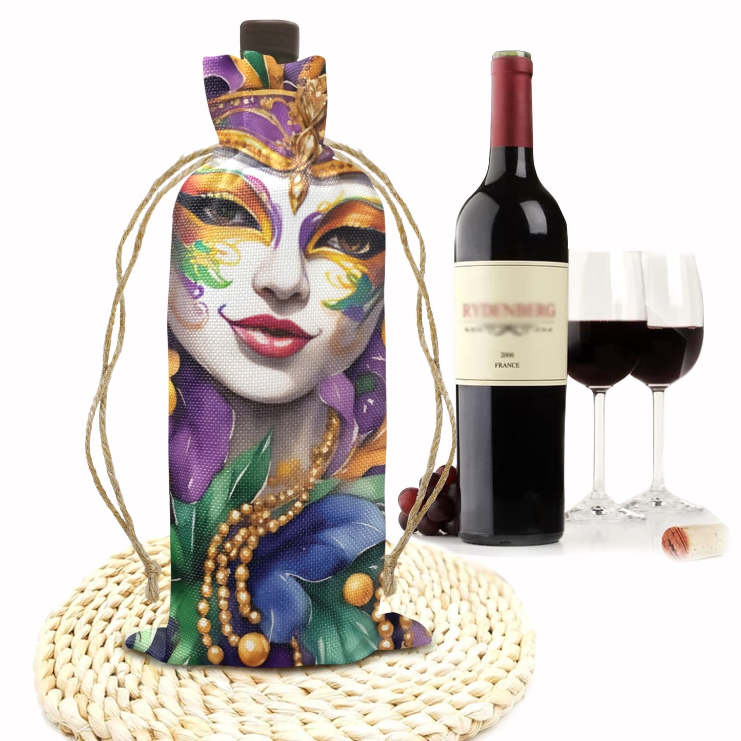 Mardi Gras awd442 Linen Wine Bottle Bag