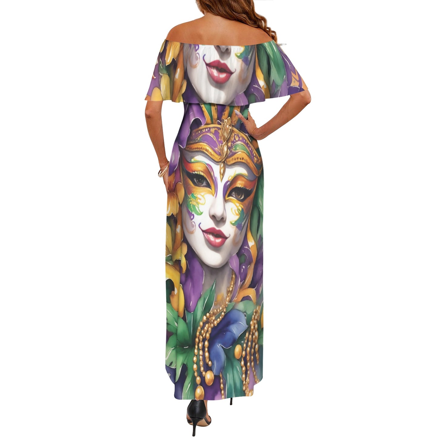 Mardi Gras awd442 Women's Off Shoulder Ruffle Boat Neck Dress (Model D71)