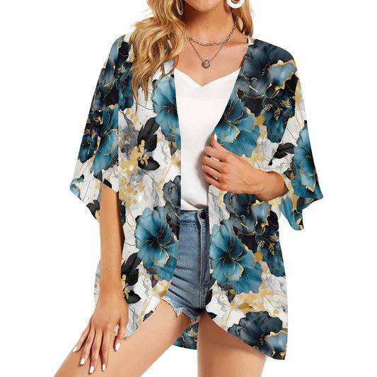 Blue & Gold Ink Floral Women's Kimono Chiffon Cover Up