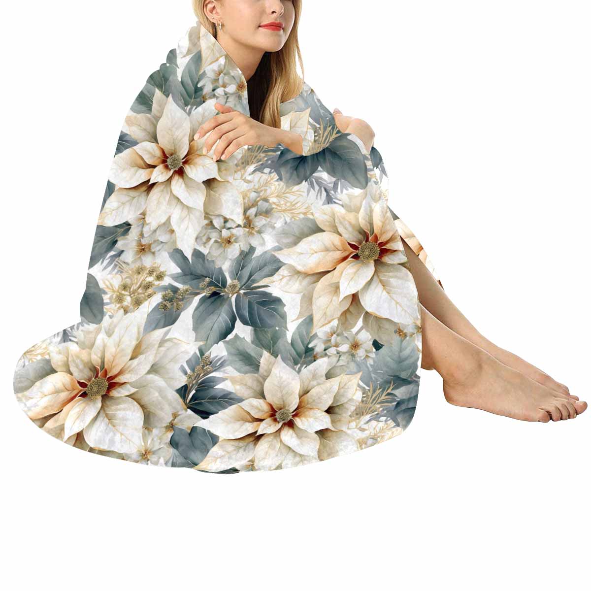 Cream Poinsettia  Circular Micro Fleece Blanket 60"