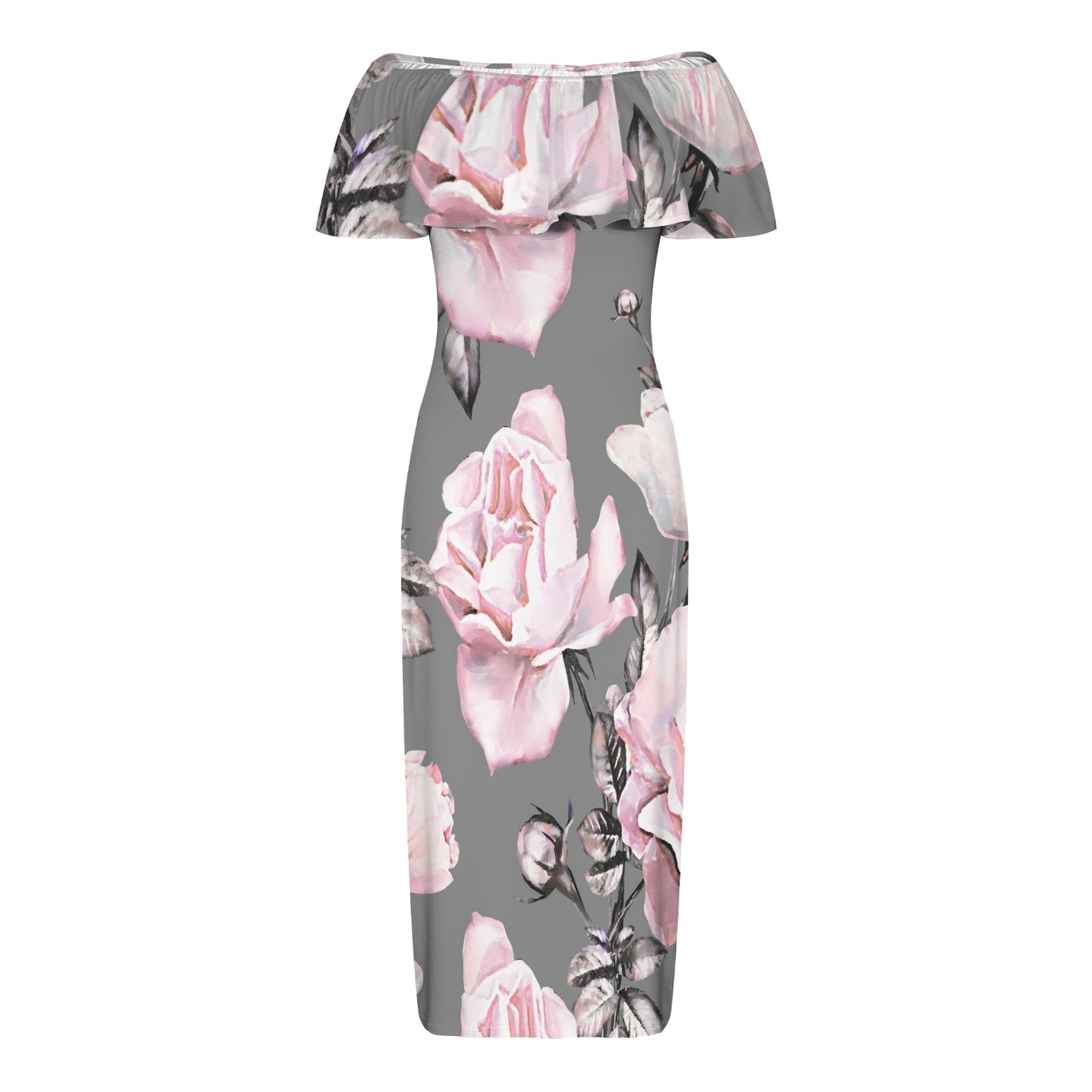 Pink Floral Sakura Women's Off Shoulder Ruffle Boat Neck Dress (Model D71)
