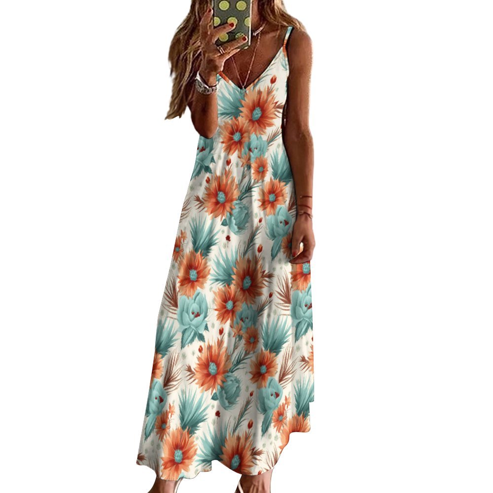 Boho Floral Retro Spaghetti Strap Ankle-Length Dress Long dress