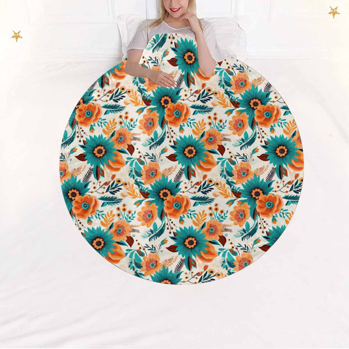 Boho Retro Floral  Circular Micro Fleece Blanket 60"