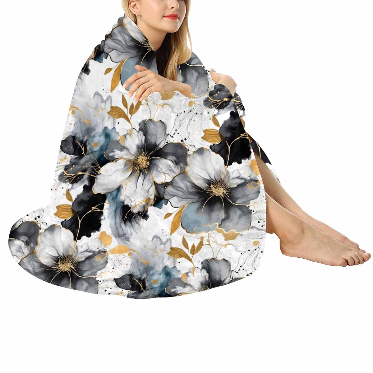 Black White and Gold  Circular Micro Fleece Blanket 60"