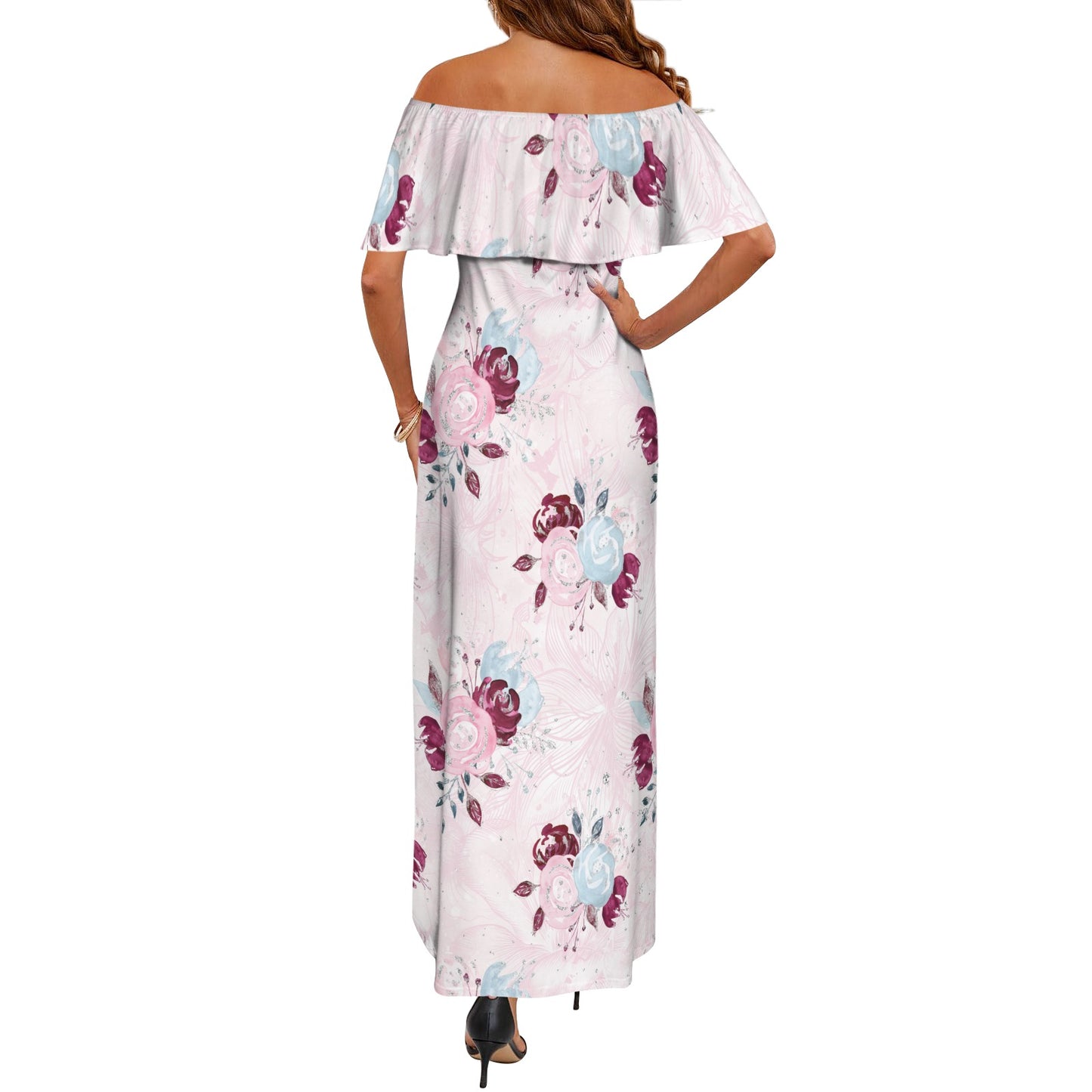 Roses Women's Off Shoulder Ruffle Boat Neck Dress (Model D71)