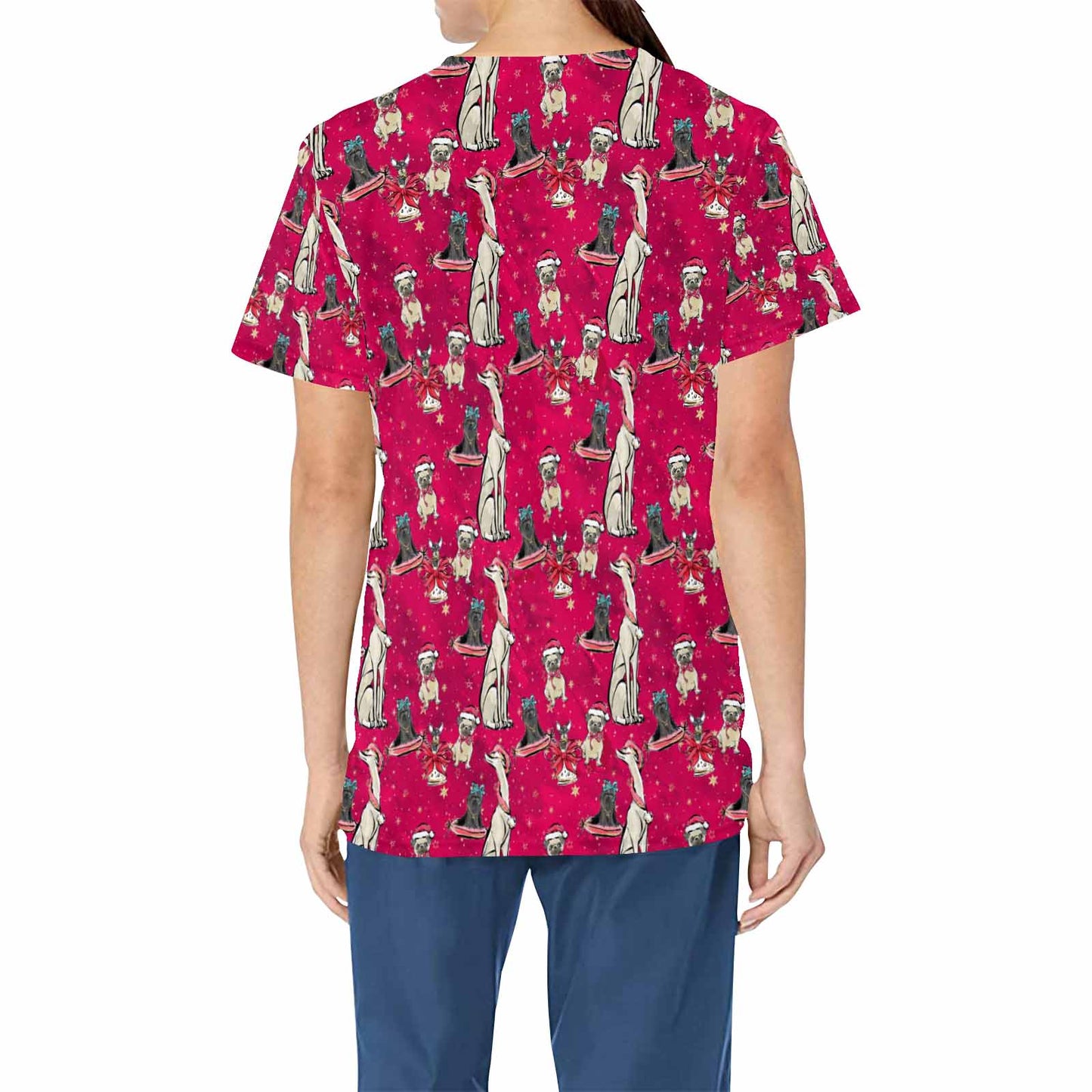 Doggie Christmas Red  Women's V Neck Scrub Top Nurse Uniform with Deep Front Pockets