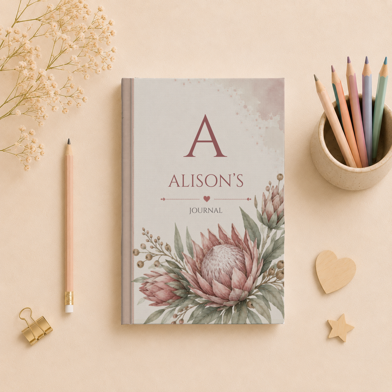 Personalized Australian Protea Floral Journal, Custom Name Diary, Elegant Matte Hardcover Notebook, Aesthetic Gift for Her, Inspirational Writing Book