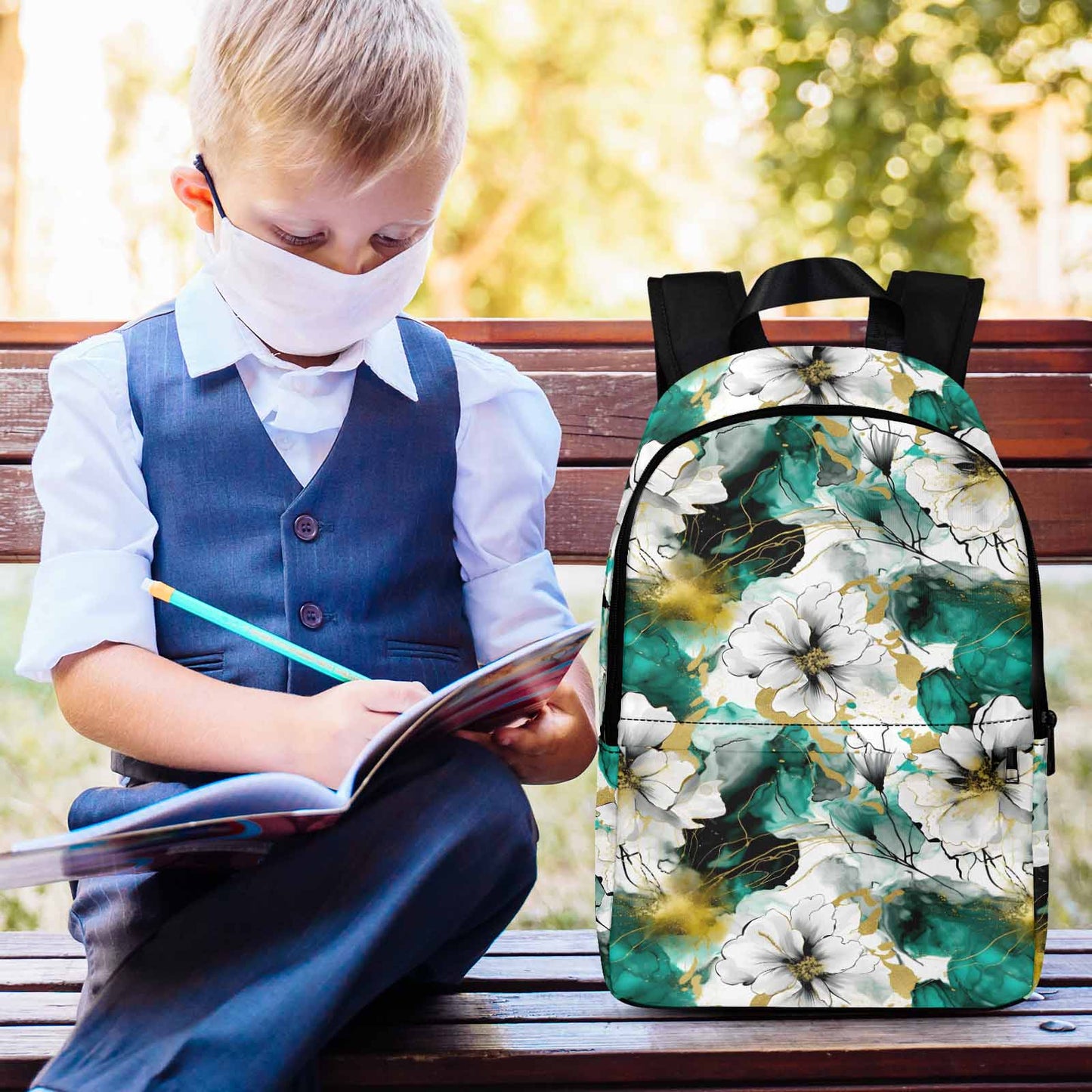 Green and White Ink Floral Adult Casual Backpack