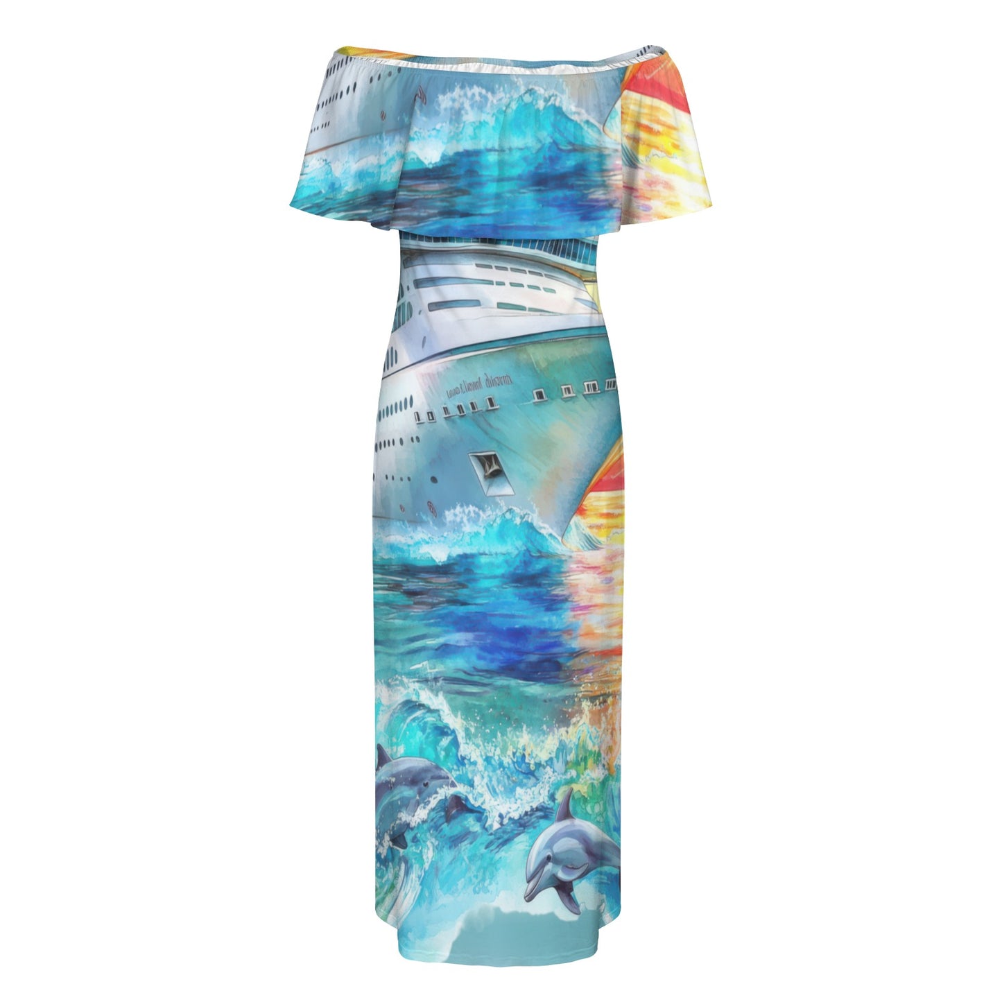 rock the boat Women's Off Shoulder Ruffle Boat Neck Dress (Model D71)