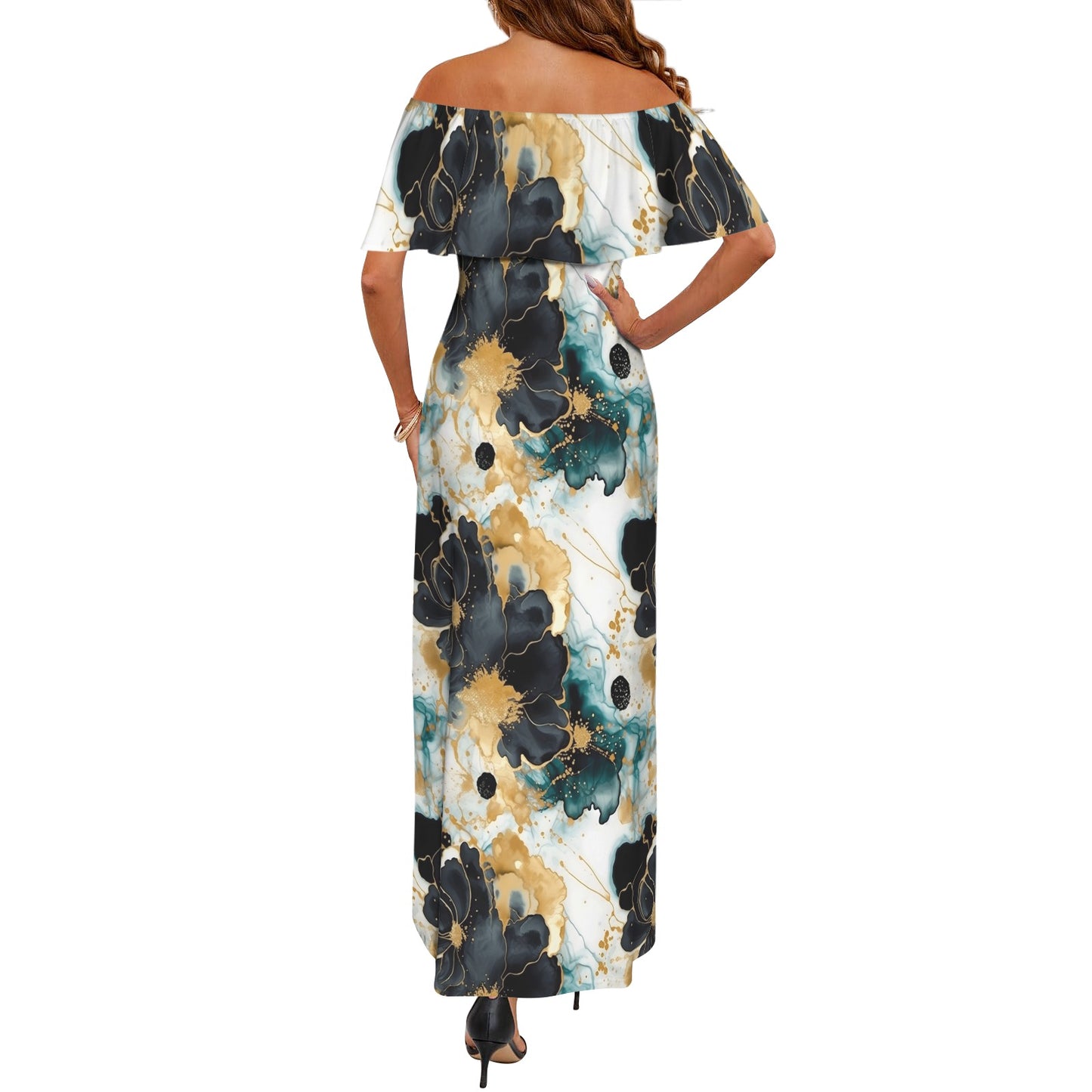 Black Gold & Green Ink Floral Women's Off Shoulder Ruffle Boat Neck Dress (Model D71)