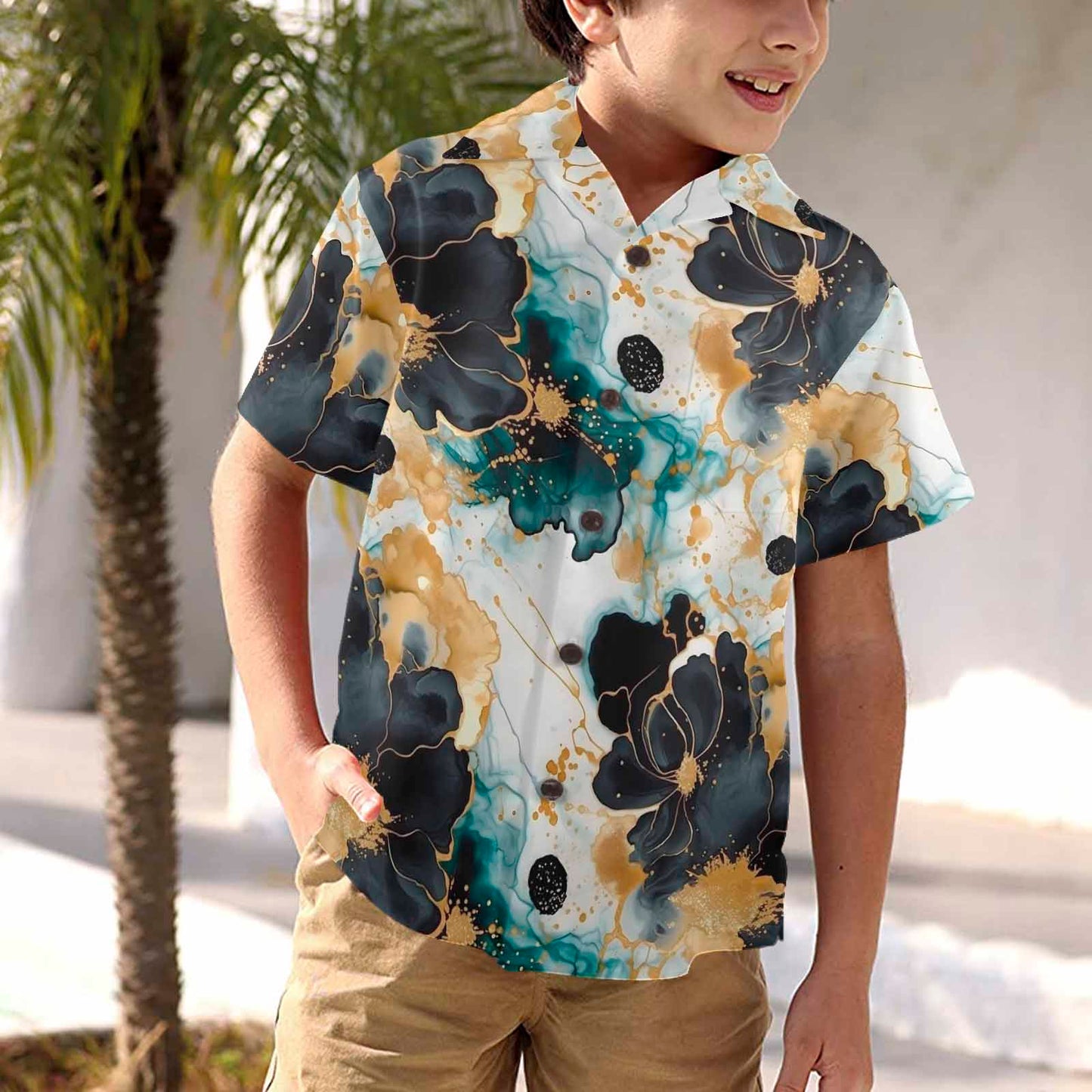 Black Gold & Green Ink Floral  Little Boys Hawaiian Shirt