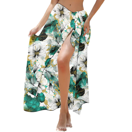 Green and White Ink Floral Long Beach Sarong Wrap