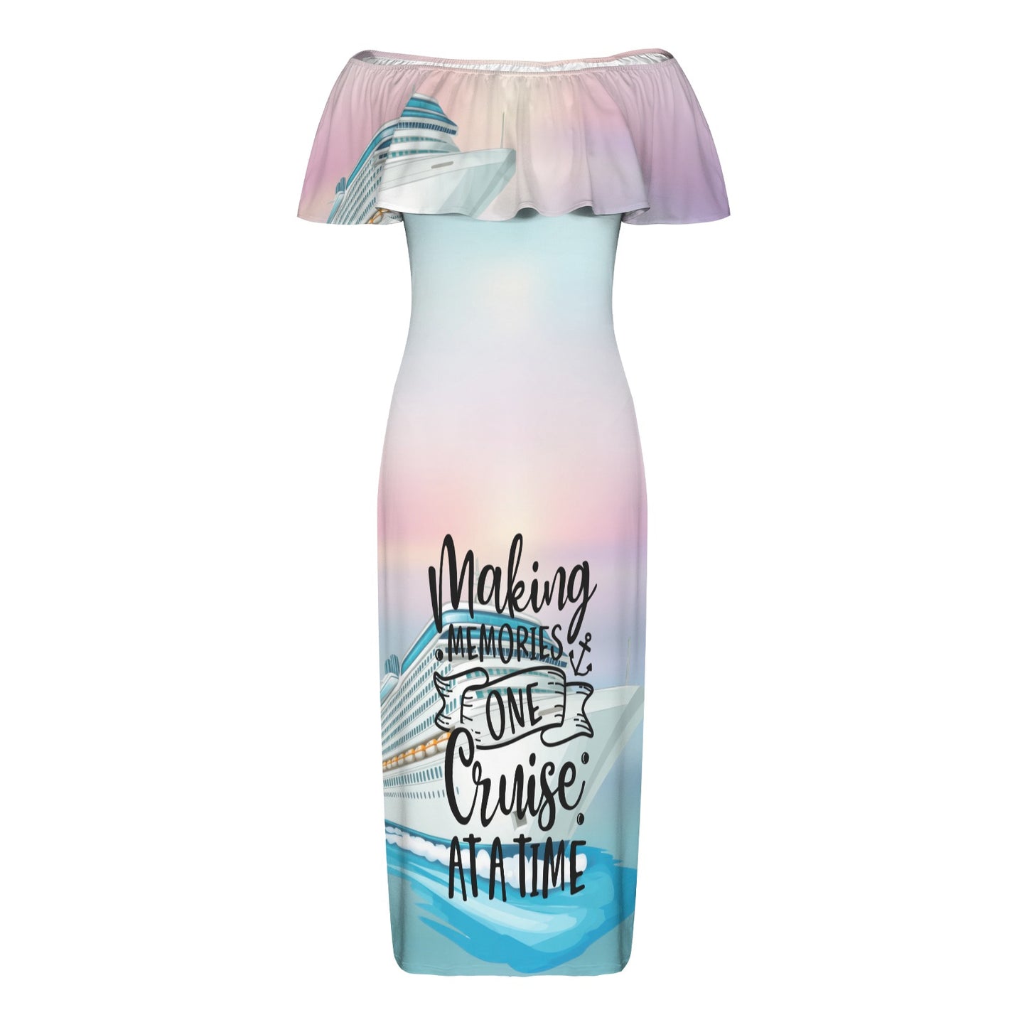 Making Memories one Cruise at a Time Women's Off Shoulder Ruffle Boat Neck Dress (Model D71)
