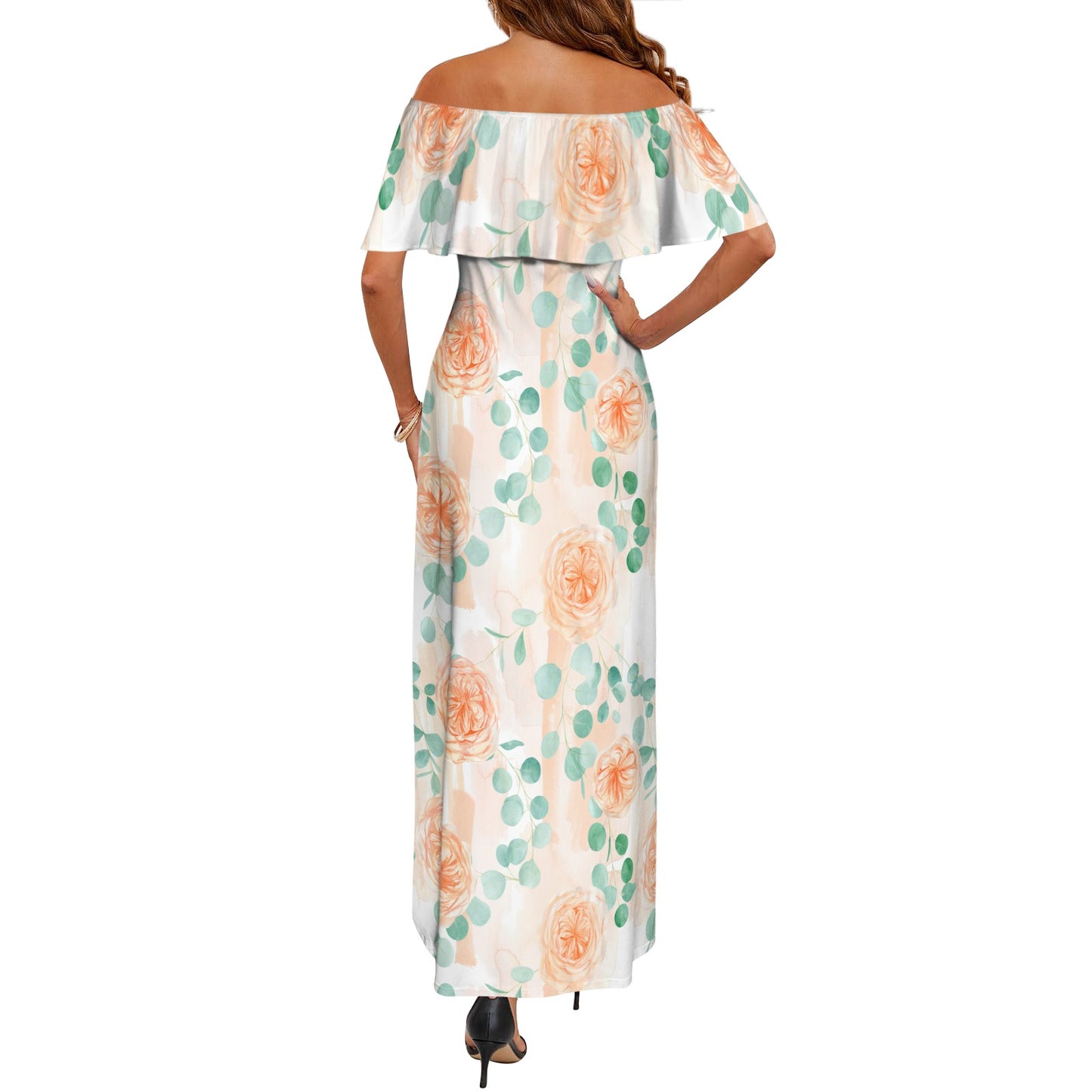 Roses and Eucalyptus Women's Off Shoulder Ruffle Boat Neck Dress (Model D71)