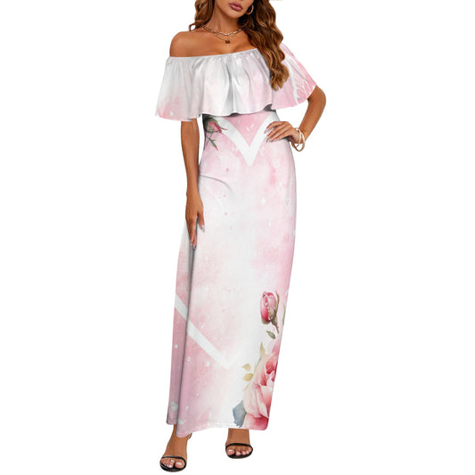 Roses Heart Women's Off Shoulder Ruffle Boat Neck Dress (Model D71)