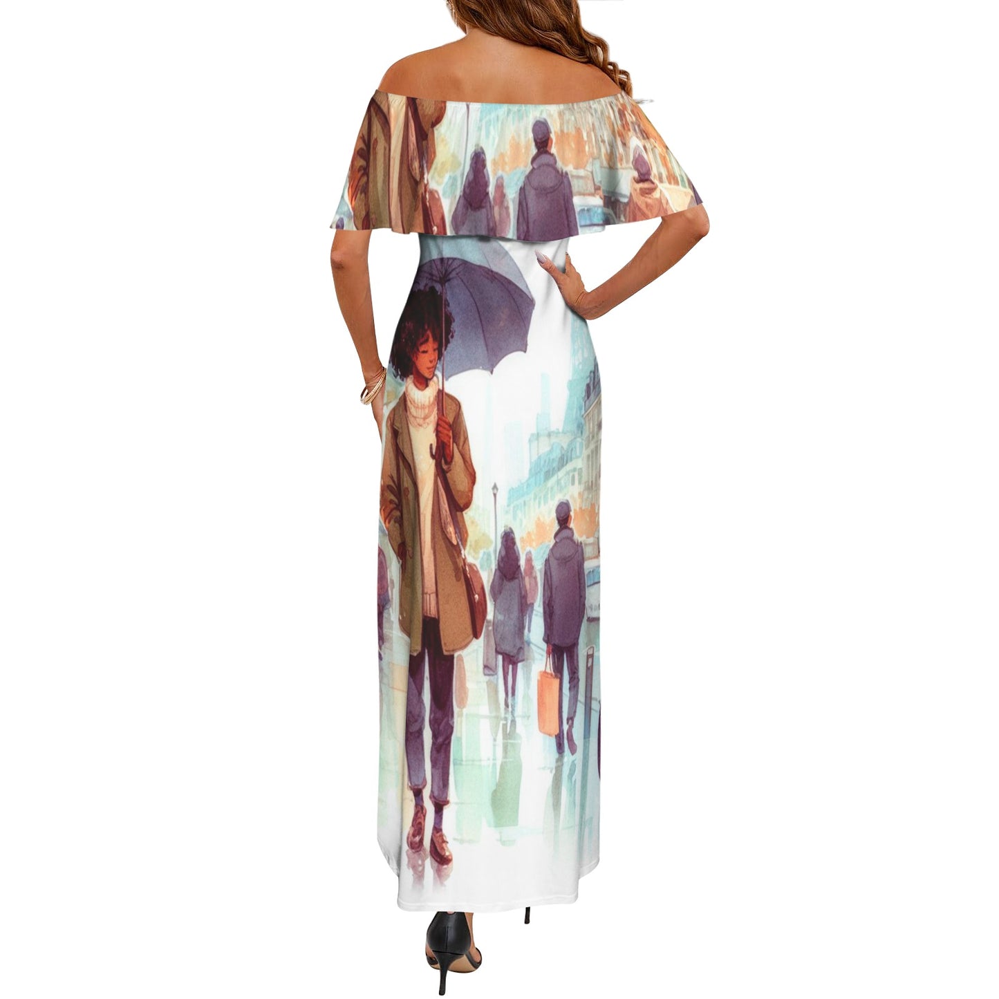 Girl 11 Women's Off Shoulder Ruffle Boat Neck Dress (Model D71)