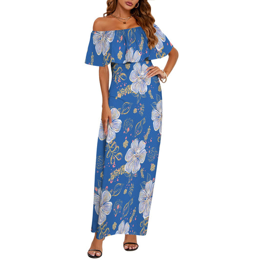 Blue Floral Women's Off Shoulder Ruffle Boat Neck Dress (Model D71)